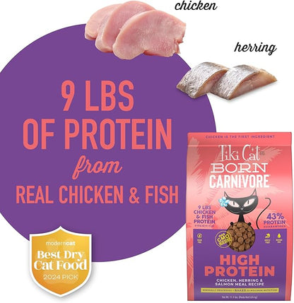 Tiki Cat Born Carnivore High Protein Dry Cat Food, Chicken, Herring & Salmon Meal, 11.1 lbs. Bag