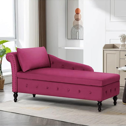 ACMEASE Velvet Chaise Lounge with Left Armrest & Storage Space,Button Tufted Lounge Chair w/Lumbar Pillow,Modern Upholstered Lounge Chair for Bedroom, Living Room and Office, Fuchsia
