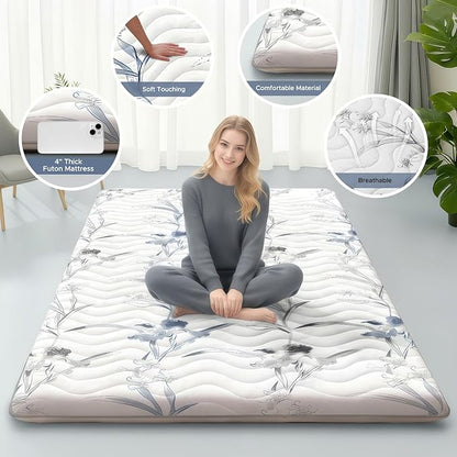 Japanese Floor Mattress, 3.5" Thicken Ink Wash Floral Pattern Portable Futon Mattress, 100% High-Density Foam Tatami Mat Sleeping Pad for Camping Guest Room Dormitory RV, White, Twin