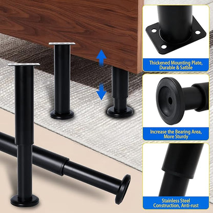 Olldag 6 PCS Adjustable Height Bed Support Legs for Bed Frame/Bed Center Slat, Heavy Duty Furniture Replacement Legs 7.08-12.2 inch for Sofa/Cabinet/Couch/Dresser/Table (Black)