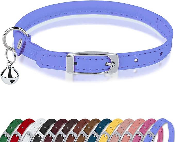 OOPSDOGGY Rolled Leather Cat Collar with Bell, Reflective Kitten Collars with Buckle Include Safety Elastic Strap - Adjustable Small Pet Collars for Boy Girl Cats (Lilac)