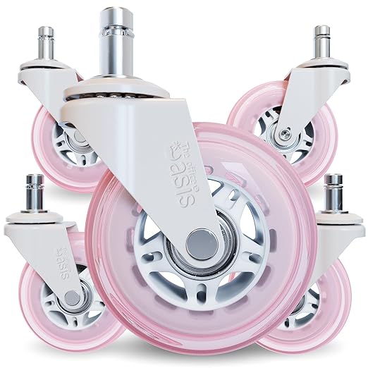 The Office Oasis Original Roller Style Office Chair Wheels (As Seen On PBS) - Smooth & Quiet Casters - Safe for Hardwood Floors & Carpet - Easy Install with Universal Fit - Set of 5 - Pink