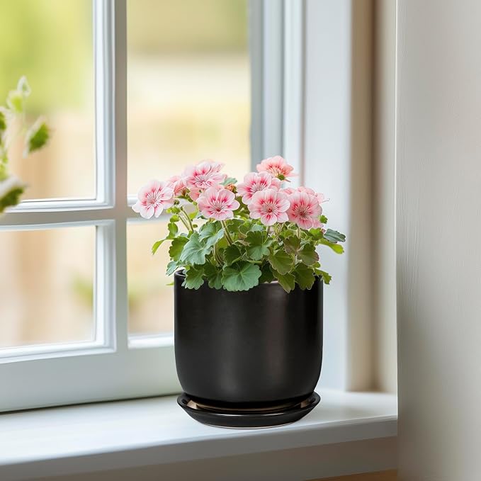 Ceramic Pot for Plants 5 Inch - Modern Round Indoor Planter for Cactus Succulent Plants with Drainage Hole and Saucer, Home Room House Office Decor, Black