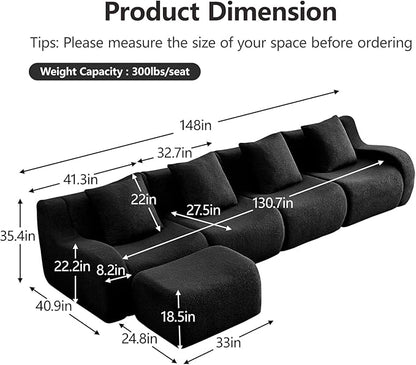 Black L-Shaped Cloud Couch with 1 Ottoman, Modern Teddy Fabric Boneless Sectional Sofa in a Box, Modular Floor Sofa for Living Room, Deep Seat, No Assembly Required, Sofas para Sala