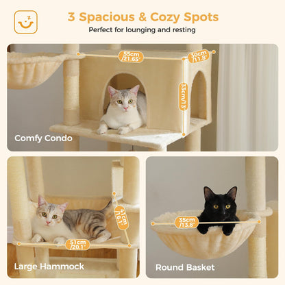 PAWZ Road Large Cat Tree, 73 Inches Tall Cat Tower with 1 Large Padded Perch,2 Spacious Hammocks,8 Long Scratching Posts, XL Plush Cat Condo for Indoor Adult Cats,Beige
