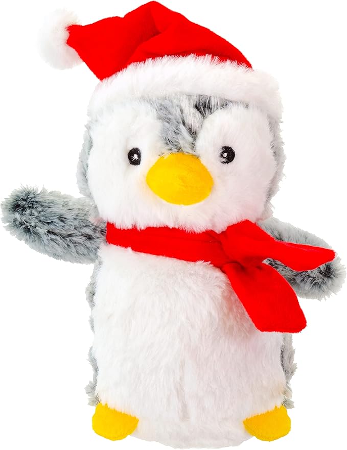 Giftable World Holiday Plush Pet Toy Fun for Christmas Designs with Squeaker Dog Chew Toy (9" Penguin w/Santa Hat)