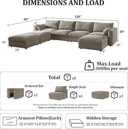 Cloud Modular Sectional Sofa Couch with Storage Ottoman, 128" Oversized Sectional Couches for Living Room, Cloud Modular U-Shaped Sofa with Chaise, 7 Seater, Chenille, Light Gray