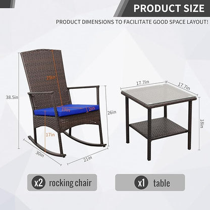 Outdoor PE Wicker Rocking Chair 3-Piece Patio Rattan Bistro Set 2 Rocker Armchair and Glass Coffee Side Table Furniture Washable Lacing Cushions, Blue