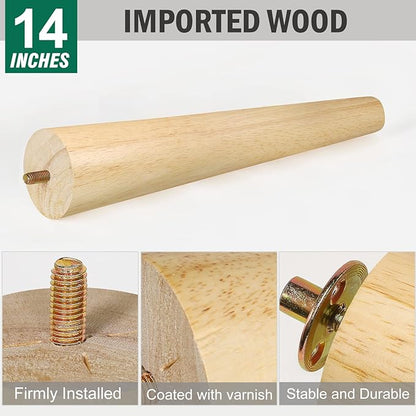 FoDau770 Rubber Wood Furniture Legs 14 Inches, Straight Tapered Wood Feet Mid Century Sofa Legs Set of 4, 5/16" UNC Furniture Feet Replacement Parts for Cabinet Couch Dresser Chair Ottoman Table