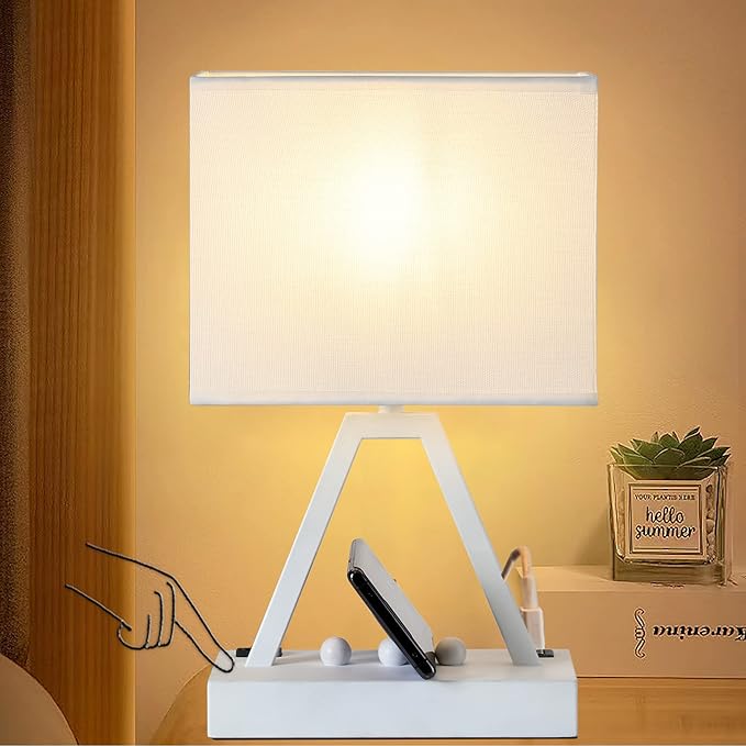 Briever Touch Control Table Lamp, 3-Way Dimmable Desk Lamp with USB C & USB A and AC Outlet, Bedside Lamp with Phone Stands for Bedroom, Living Room, Office, LED Bulb Included, White