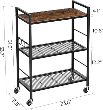 XIVIRACK 3-Tier Metal Storage Rack with Industrial Wheels,Mesh Shelving Unit with Wooden Table top,Adjustable Shelf,23.6-Inch Width,for Kitchen,Laundry,Pantry,Plant,Black