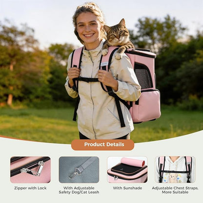 Lekereise Pet Carrier Backpack Expandable Cat Backpack for Small Dogs Cats, Dog Backpack Bag with Breathable Mesh, Pink