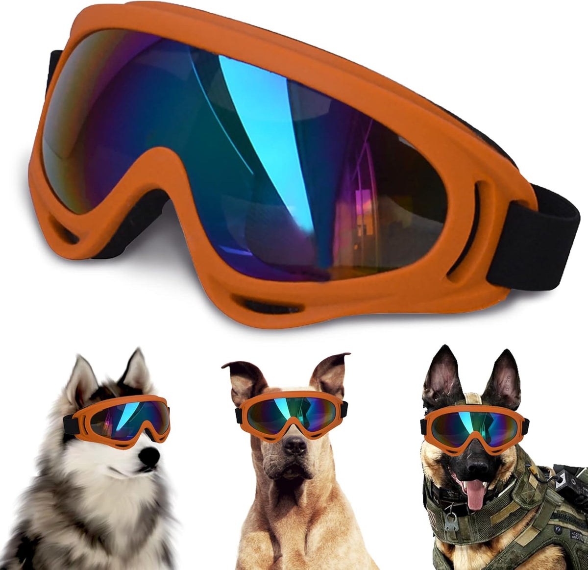 Large Dog Sunglasses With Adjustable Strap UV Protection, Windproof Puppy Eyewear, Suitable for Medium-Large Pets, Eyes Protection, Soft Goggles (Orange Frame)