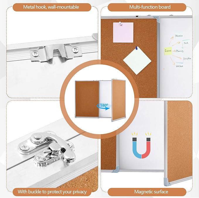 60"x40" Tri-fold Cork Board Whiteboard Combo, Foldable Combination Magnetic Dry