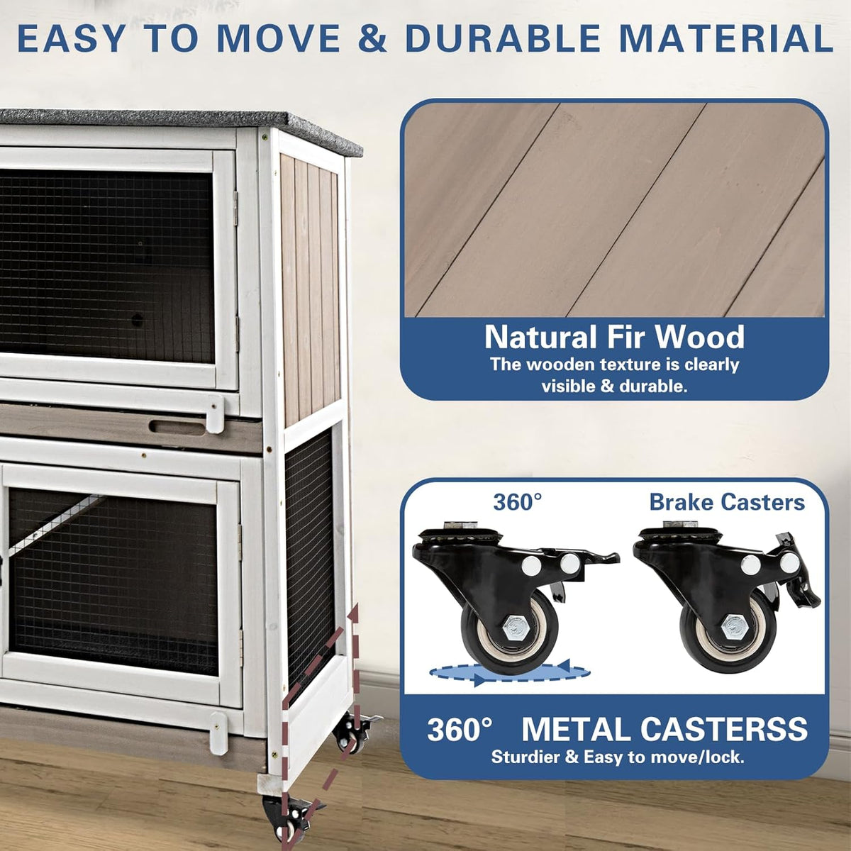 36" L Guinea Pig Cages Wooden, 2 Story Rabbit Cage Indoor Guinea Pig Habitat on 4 Metal Wheels and 2 Deeper Pull-Out Trays, Ramp, Leak Proof Guinea Pig Cages Indoor Small Animal Cage, Grey
