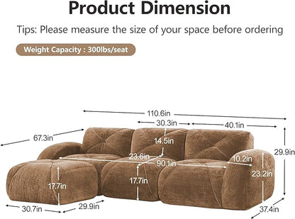 Modular Sectional Sofa with Free Combination,Boneless Floor Couch for Living Room & Lounge,Velvet 3-Seater Sectional Couch with Ottoman,No Assembly Needed