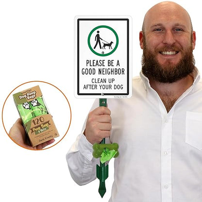 SmartSign Be A Good Neighbor Clean Up After Your Dog Yard Sign & Clip-On Preloaded Dispenser Combo/Kit with 135 Dog Poop Waste Bags, 7"x10" Rust-proof Aluminum Sign with 18-inch Steel Stake