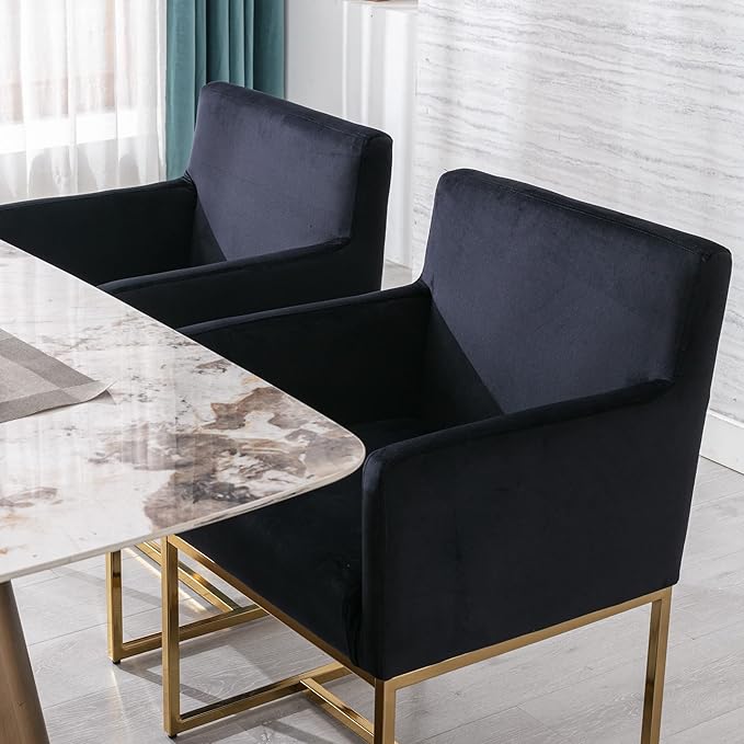 BESTANO Set of 6 Upholstered Velvet Dining Chairs with Armrest, Mid Century Modern Accent Armchairs, Modern Kitchen & Dining Room Chairs with Gold Frame, Black