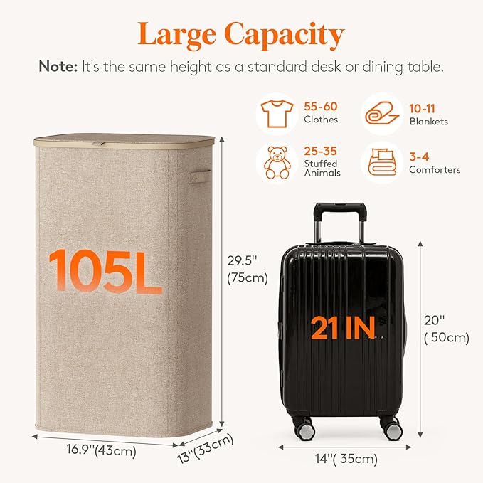 Lifewit 105L Laundry Basket with Lid, Large Laundry Hamper with Plastic Handles and Removable Bag, Foldable Tall Dirty Clothes Hampers for Laundry for Laundry Room, Bedroom, Bathroom, Dorm, Beige