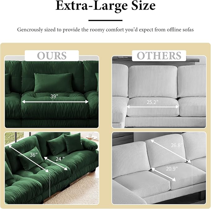 94.4” Oversized Loveseat Sofa, 2 Seater Modular Sectional Sofa, Green Large Sectional Couches for Living Room, Fluffy Chenille Fabric Cloud Couch with 4 Pillows, Deep Seat Sofas