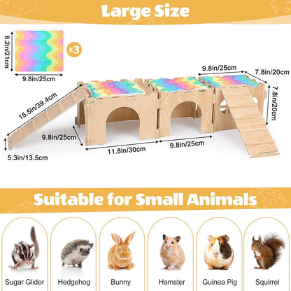 Guinea Pig Hideout, Guinea Pigs House with Stairs and Mats Extra Large Guinea Piggy Castle Detachable Hideouts for Small Animals Wooden Guinea Pig Habitats with Multiple Doors and Windows
