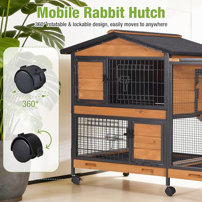 Rabbit Hutch 2-Story Wooden Rabbit Cage with Sturdy Metal Frame, Mobile Bunny Hutch with Wheels and 3 Pull Out Trays, Waterproof Guinea Pig Cages for Small Animals Indoor Outdoor (Orange)