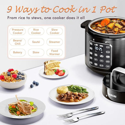 9-in-1 Electric Pressure Cooker 6 Quart Black, Stainless Steel Pot, 12 Preset