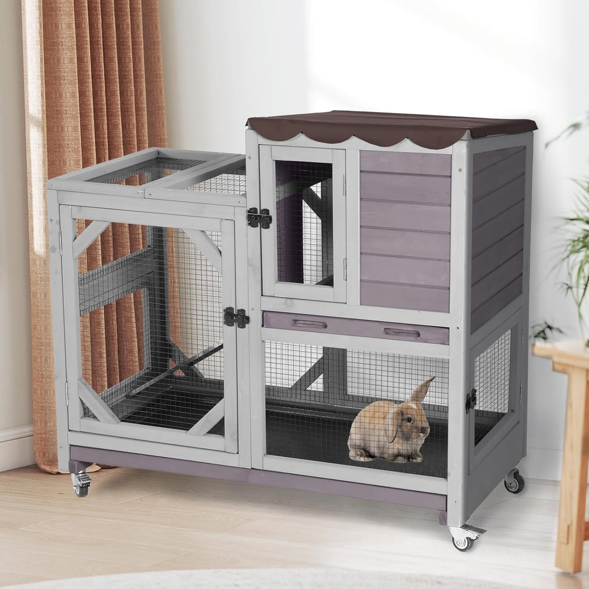 Aivituvin Rabbit Cage Indoor Outdoor Bunny Hutch on Wheels, 2 Story Wood Guinea Pig Cages with 2 Deeper Pull Out Trays (Gray)