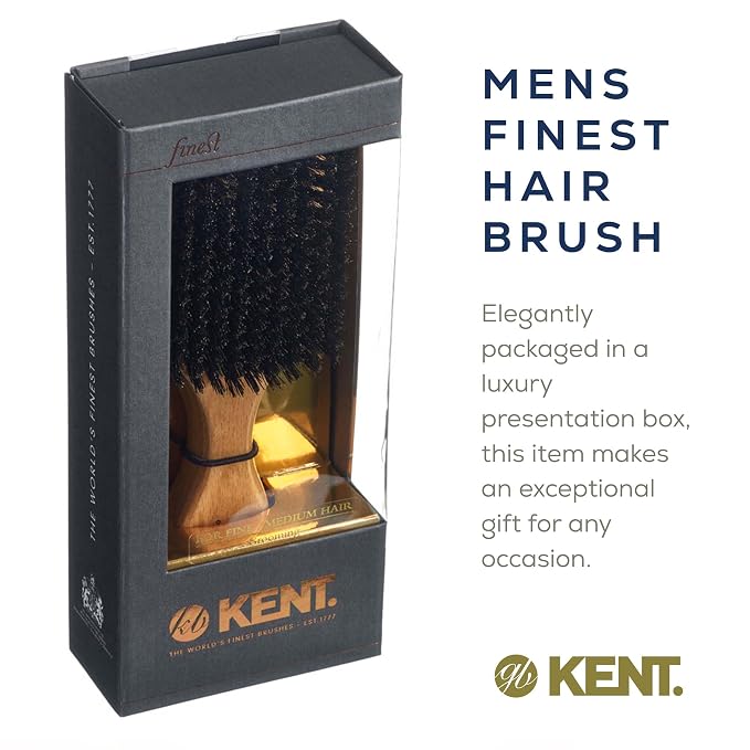 Kent OG2 Beechwood Club HairBrush, 100% Natural Boar Bristle for Mens Grooming, All Hair Types and Beard Lengths, Travel Size with Hair Brush Cleaner, Slick Back Hair brush