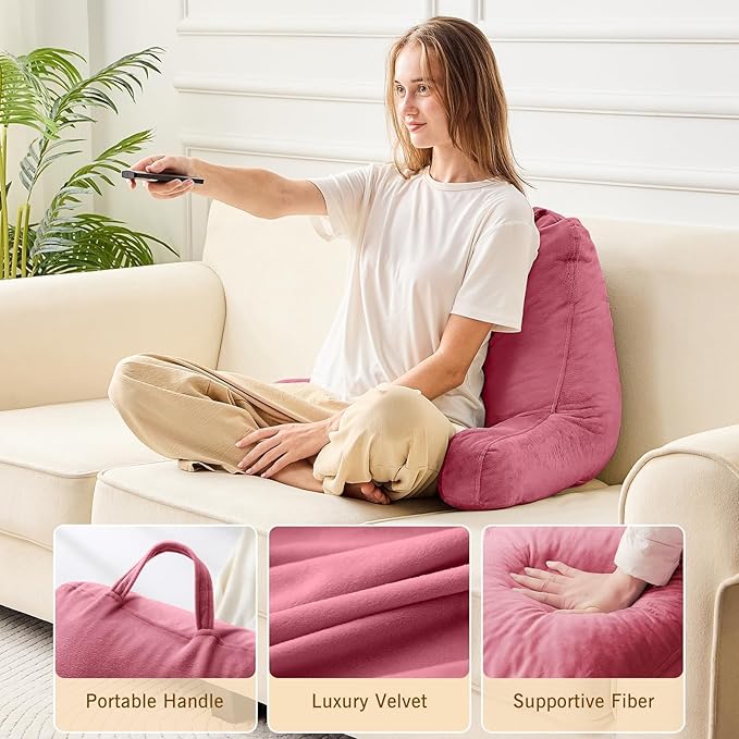 Sasttie Reading Pillow, Velvet Back Pillow for Bed Sitting Up, Adult Back-Rest Support Cushion with Arms for Sit Up on Couch, Sofa, and Floor, Dorm Essentials, Reading Accessories, Rose Pink