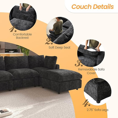 JACH U Shape Sectional Couches for Living Room, Convertible Modular Sofa with Ottomans, Cloud Sectional Couch, Sofa Covers Washable, Minimalist Couch for Living Room, Apartment, Black