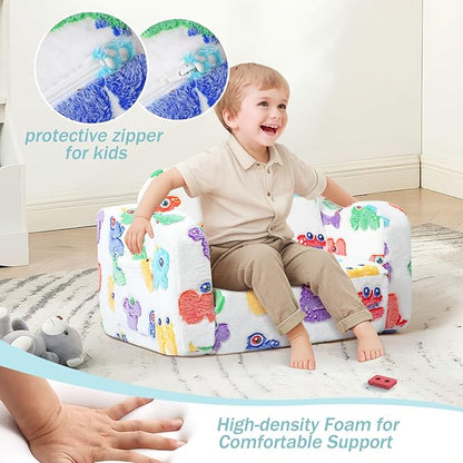 MeMoreCool Glow Alphabet Toddler Sofa Bed – 2-in-1 Foldable Foam Chair for Kids Light-Up Letters, Soft Supportive Foam, Machine-Washable Cover, Great for Boys and Girls