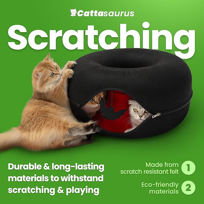 Cattasaurus Unique Gothic Peekaboo Cat Cave for Multiple & Large Cats Up to 30-45 Lbs, Scratch Detachable & Washable Tunnel Bed, Comfy Donut Cat Cave (Gothic Bat, Large)