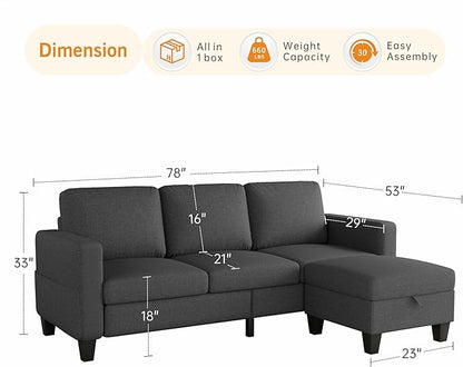 Sectional Sofa Couches for Living Room, 78'' Dark Grey 3 Seater L-Shaped Couch with Storage Ottoman, Comfy Fabric Convertible Sectionals Sofas with Chaise for Apartment, Office, Small Space