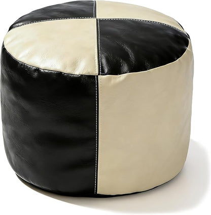 Thgonwid Unstuffed Faux Leather Pouf Cover, Handmade Footstool Ottoman Storage Solution, Floor Footrest Cushion - 16.5”Dx12”H, Black & White