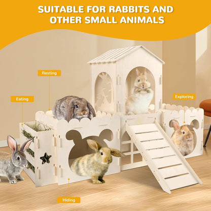 Large Rabbit Hideout Bunny Castle, Wooden Bunny House & Hay Feeder, Detachable Rabbit Hideaway, Indoor Rabbit Castle with Ramp, Small Animal Houses & Habitats
