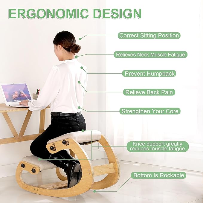 Predawn Adjustable Ergonomic Kneeling Chair – Custom Height Rocking Posture Stool with Thick Cushions, Solid Wood Frame, Knee Support Seat for Adults, Office or Meditation Use(White Oak)