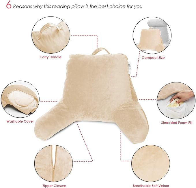 Nestl Reading Pillow for Kids & Teens with Shredded Memory Foam, Backrest Pillows for Reading, Watching, and Gaming, Use on the Couch, Bed, or Floor, Adjustable Support with Washable Cover Beige Cream