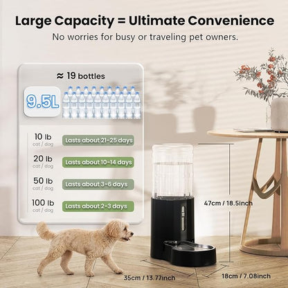 CZPET Dog Water Bowl Dispenser 9.5L, Wider Mouth Gravity Refilling (Black) | Upgraded Brush, Easy to Clean Automatic Cat Waterer with Removable Stainless Steel Bowl, Large Drinking Area for Multi-Pet