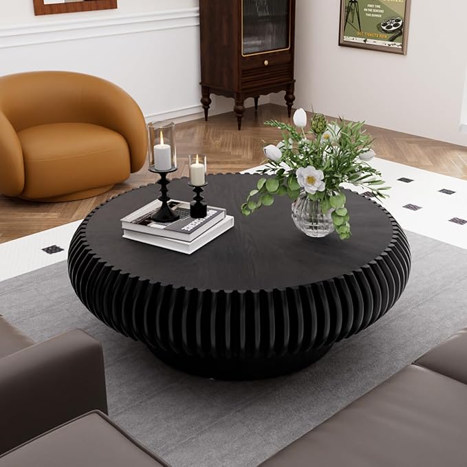 Round Drum Coffee Table for Living Room, Mid Century Modern Coffee Table with Sturdy Pedestal, Farmhouse Fluted Circle Center Table Accent Tea Table for Apartment (31.5" Black)