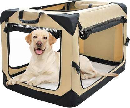 Pettycare 42 Inch Collapsible Dog Crate for Large Dogs, 4-Door Foldable Soft Kennel With Chew Proof Mesh Windows, Indoor & Outdoor Travel, Beige