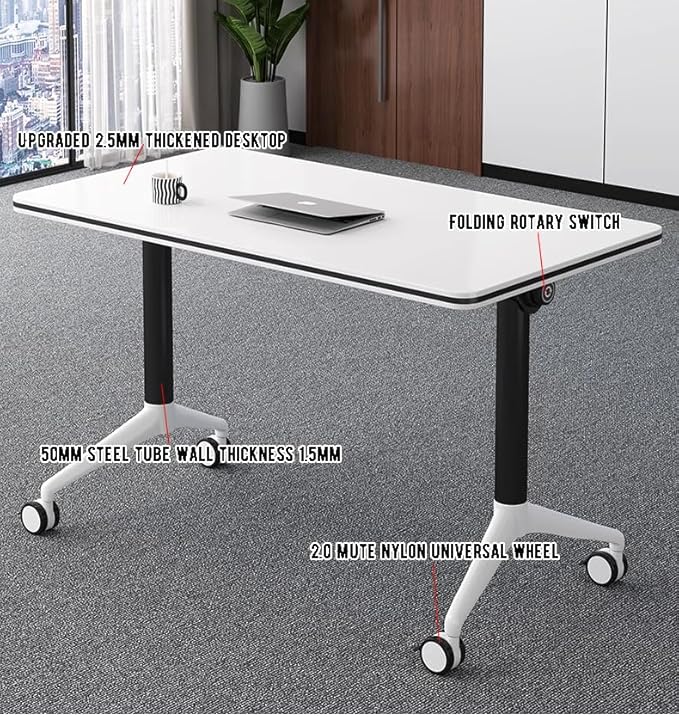 JQUZPCV Conference Table Foldable Meeting Tables, Mobile Training Table with Wheels, Flip Top Rolling Seminar Meeting Table for Office,Meeting Room,classr (Grey, 47.2×23.6×29.5in)