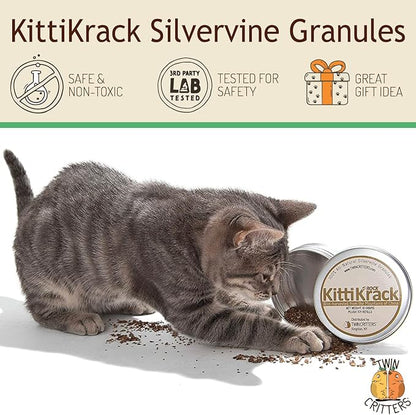 KittiKrack Rock Organic Silvervine Catnip Substitute for Cats & Kittens | All-Natural Wild Harvested Silvervine Granules | 4 Refills for TWINCRITTERS Refillable Plush Cat Toys | 10g