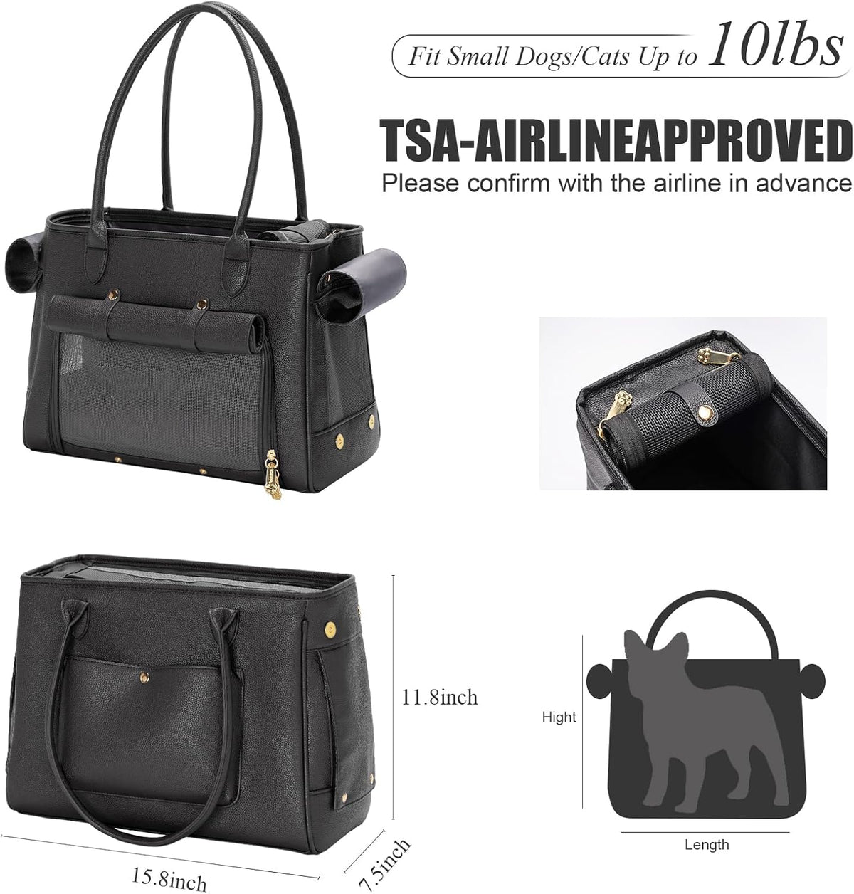 Fashion Pet Carrier Purse for Small Cat and Dog, Luxury Pu Soft-Sided Tote Bag with Large Pockets for Dogs and Puppies (Black, 15.8" L x 7.5" W x 11.8" H)