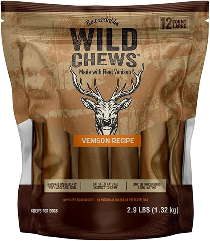 | Wild Chews | Venison Recipe, Made with Real Venison, Limited Ingredient, Long Lasting Chews for Large Dogs | 12 Count