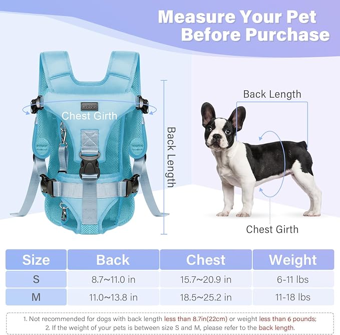 YUDODO Front Pet Carrier Backpack for Small Dog, Legs Out Dog Chest Carrier | Safety Belt, Ergonomic Support, Hands Free, Durable & Comfortable, For Walking Hiking Cycling, Blue, S