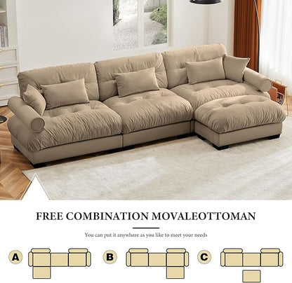 130" Oversized Couch, 3 Seater Sectional Couches for Living Room, Camel Velvet Large L Shaped Fluffy Modular Couch Set