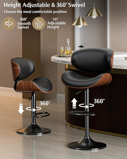 Aowos Bar Stools Set of 4, Adjustable Swivel Bar Stools Mid-Century Modern PU Leather Counter Height Bar Stool for Kitchen Island Bar Chairs with Back (Black)