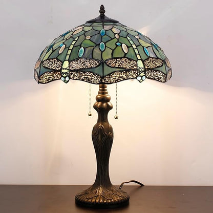 Tiffany Table Lamp Sea Blue Stained Glass Dragonfly Style 16X16X24 Inch Antique Reading Light