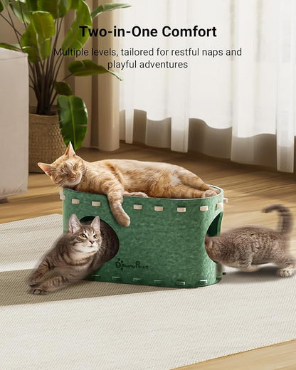 DownyPaws Cat House for Indoor Cats, Cat Bed Cave for Multiple & Large Cats Up to 22 Lbs, Scratch Resistant Peekaboo Cat Caves, Foldable Tunnel Enclosed Bed, PeekaPurr, Forest